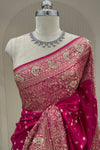 Upper body drape view magenta zardoshi sequence satin silk saree premium ethnic wear from Urban Dulhaniya