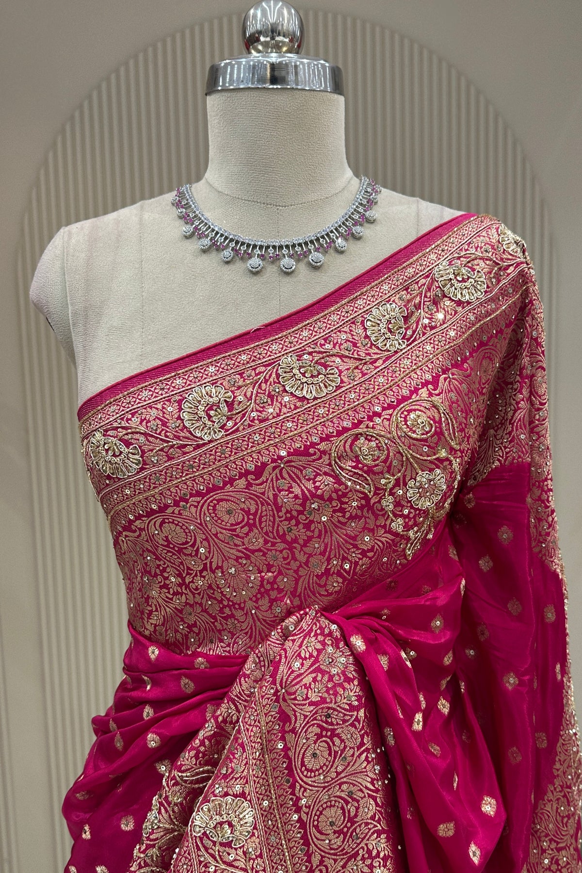 Upper body drape view magenta zardoshi sequence satin silk saree premium ethnic wear from Urban Dulhaniya