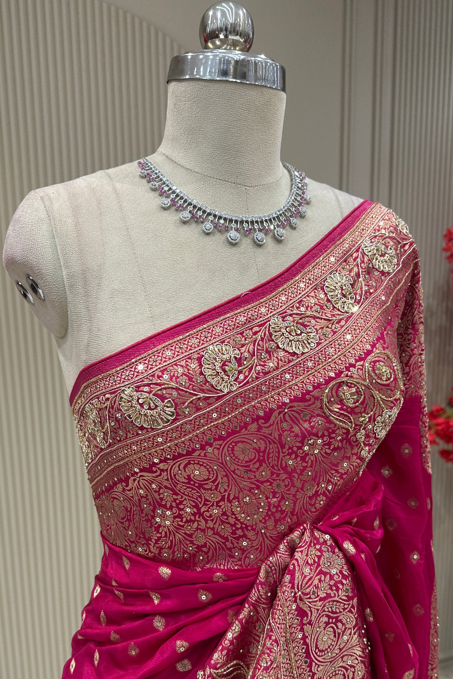 Close-up pallu drape detail magenta cutdana zardoshi satin silk saree bridal & occasion saree from Urban Dulhaniya Pune