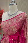 Front detail view magenta zardoshi sequence satin silk saree designer bridal wear at Urban Dulhaniya Pune