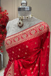 Drape detail view red satin silk saree with moti zardoshi cutdana work, designer bridal wear at Urban Dulhaniya Pune