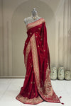 Full front view deep red satin saree with zardoshi sequence motti work designer bridal wear at Urban Dulhaniya Pune