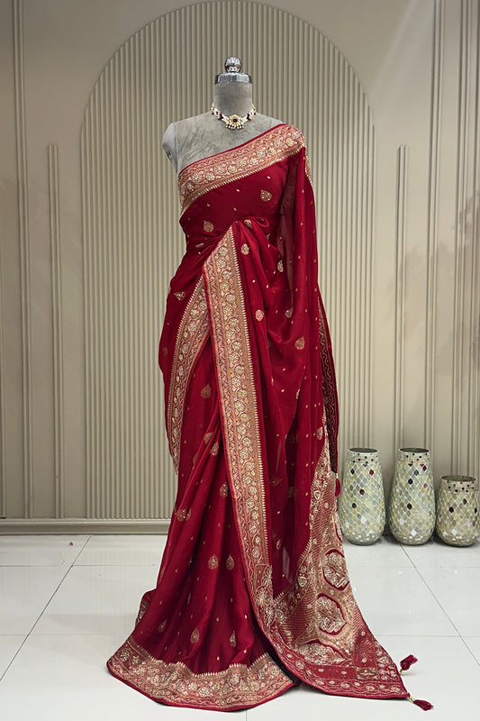 Full front view deep red satin saree with zardoshi sequence motti work designer bridal wear at Urban Dulhaniya Pune