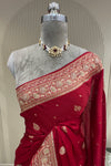 Close-up drape and border view deep red satin saree premium ethnic wear from Urban Dulhaniya