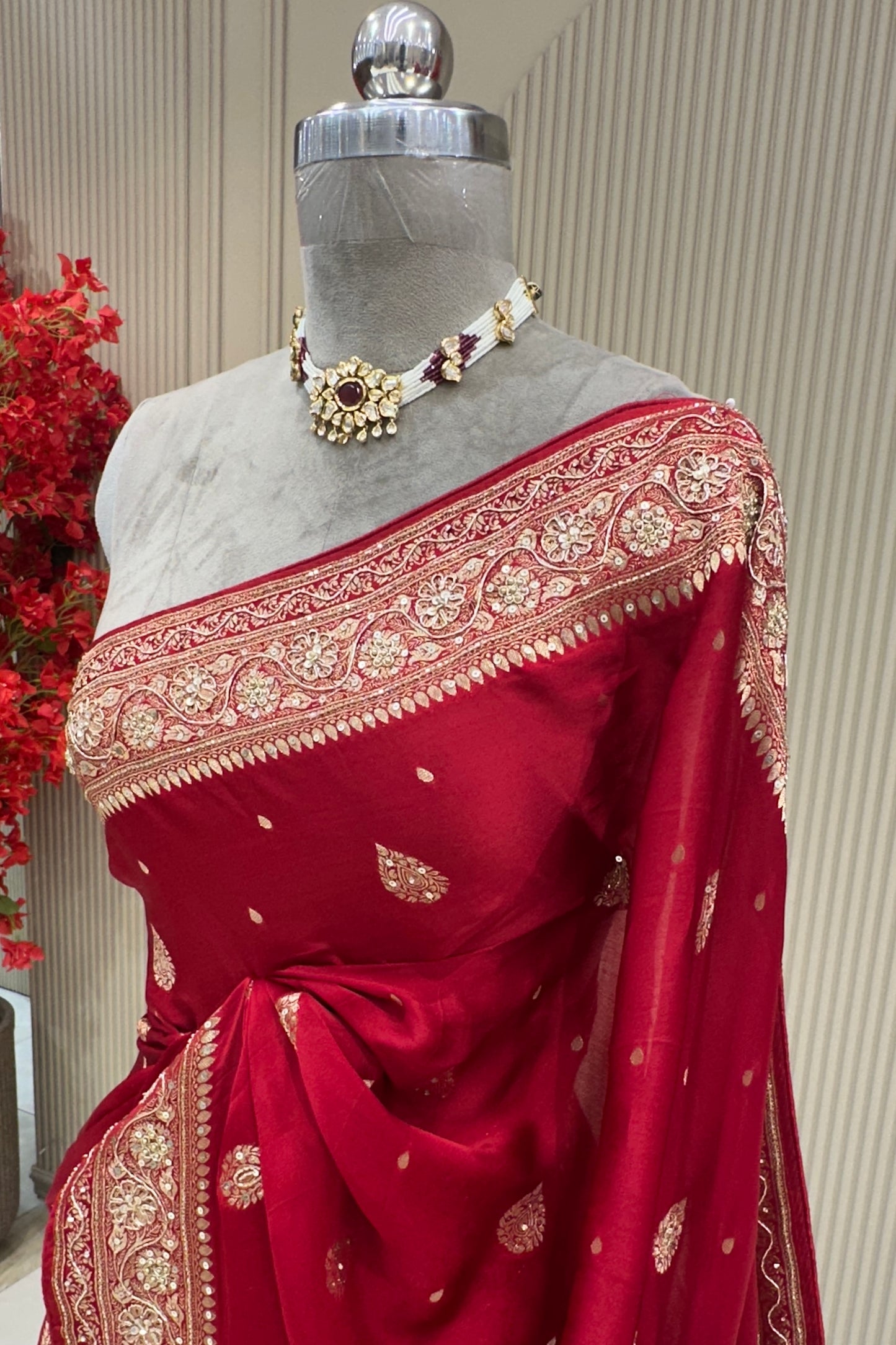 Upper body drape detail deep red zardoshi embroidered saree bridal & occasion saree from Urban Dulhaniya Pune