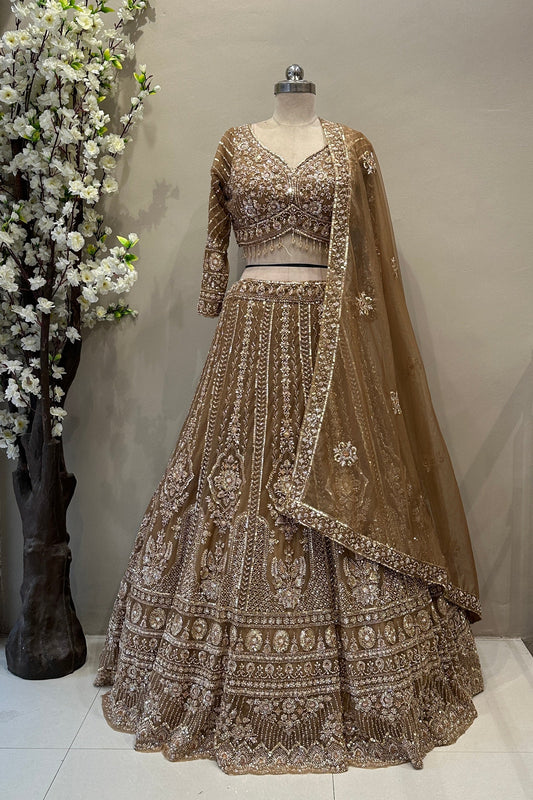 Full front view bronze tissue organza lehenga with bead sequence poath work designer bridal wear at Urban Dulhaniya Pune