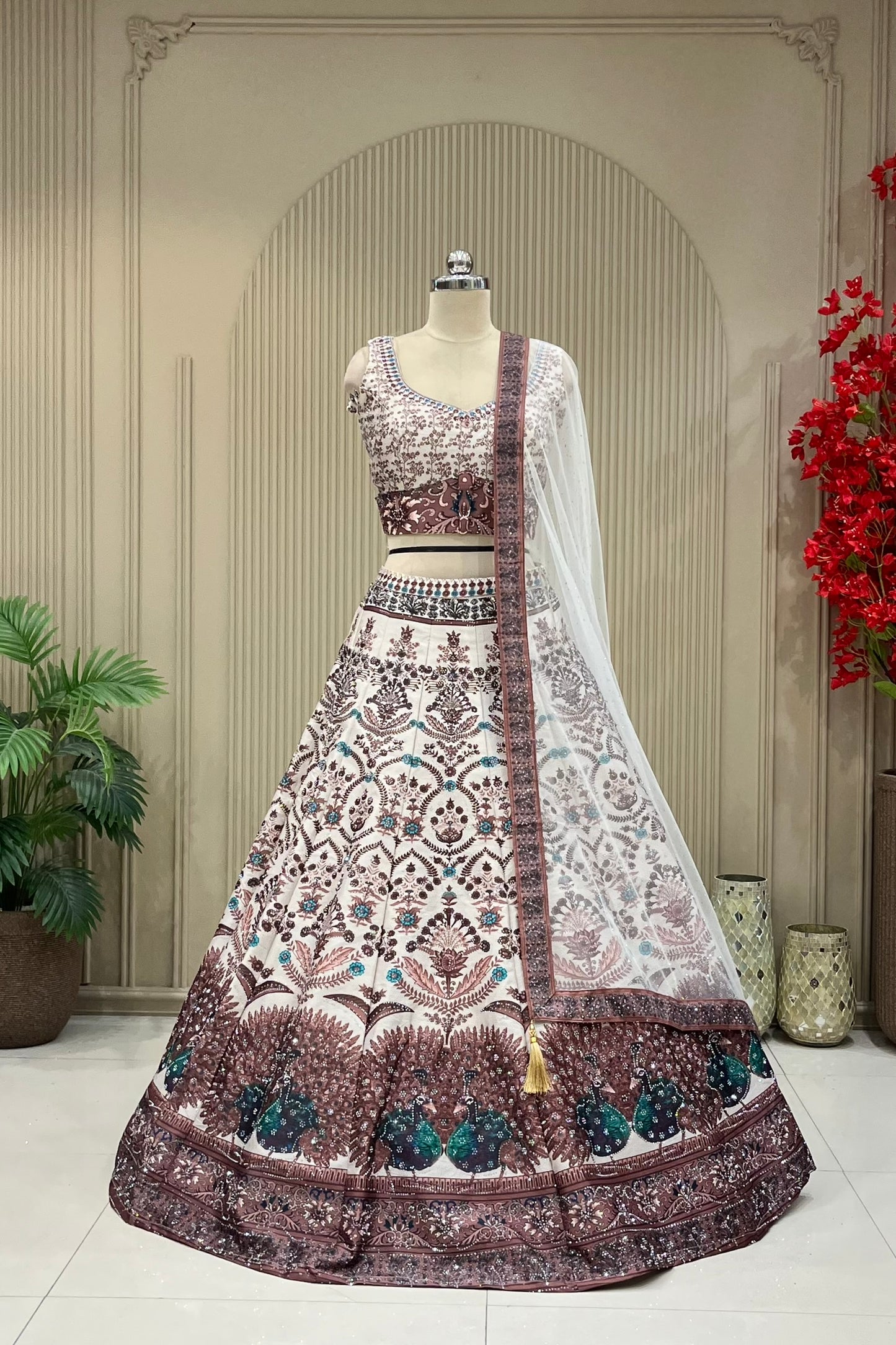 Ivory peacock printed lehenga, full front view on mannequin with net dupatta
