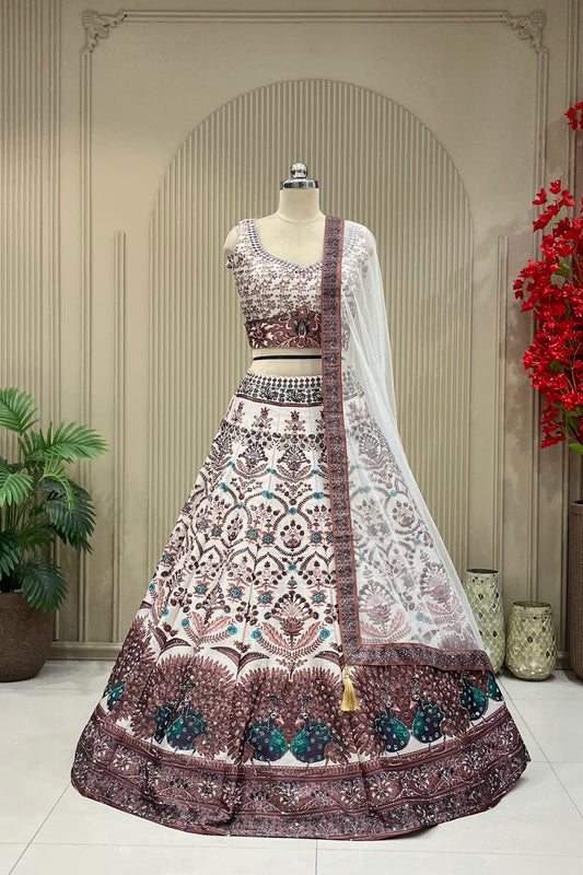 Ivory peacock printed lehenga, full front view on mannequin with net dupatta