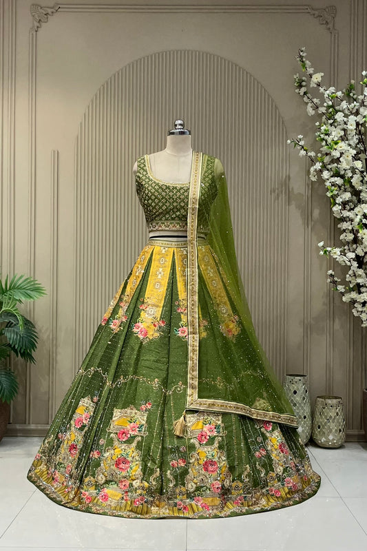 Olive green and mustard panelled printed lehenga, full front view on mannequin with sequin net dupatta