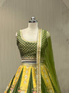 Panelled lehenga set showing floral border and mustard accent panels