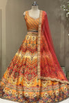  Front view of sweetheart-neck blouse and ombre skirt with dupatta drape