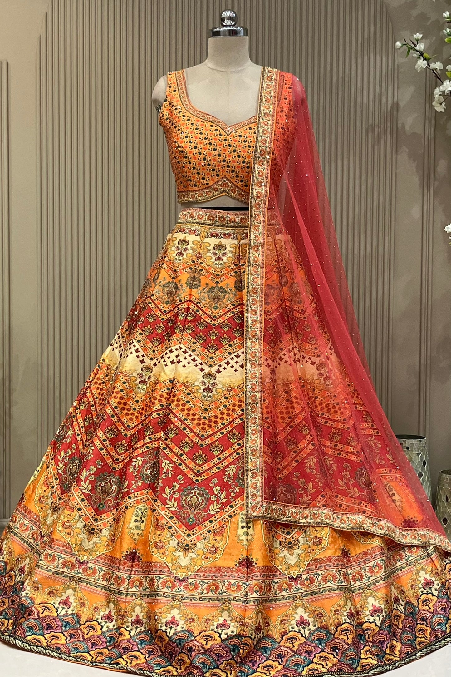  Front view of sweetheart-neck blouse and ombre skirt with dupatta drape