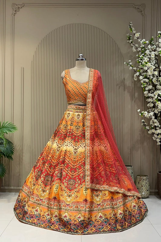 Multicolor ombre chevron printed lehenga, full front view with red net dupatta