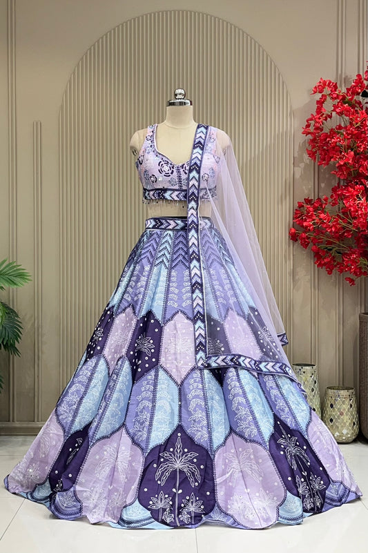 Lavender periwinkle scallop printed lehenga, full front view on mannequin with sheer net dupatta
