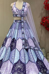 Lavender lehenga set showing scallop print skirt and chevron border trim