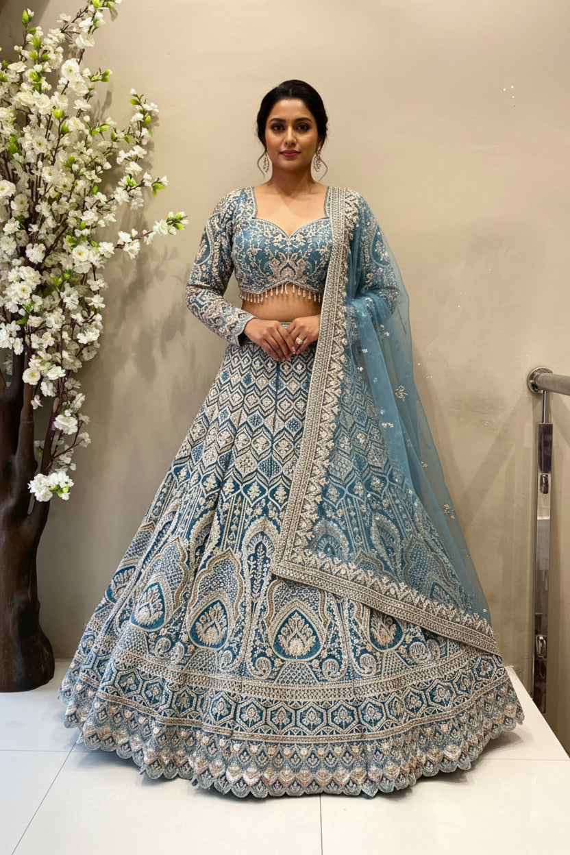Full-length view of a luxury teal blue heavy embroidered bridal lehenga featuring geometric silver work and a scalloped dupatta displayed on a mannequin at the Urban Dulhaniya boutique.
