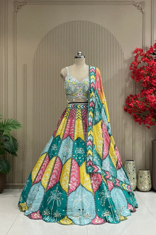  Multicolor scallop panel lehenga with hand-embroidered blouse, full front view on mannequin with ombre dupatta