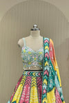  Front view of hand-embroidered sweetheart blouse with shell tassel trim and mirror border dupatta