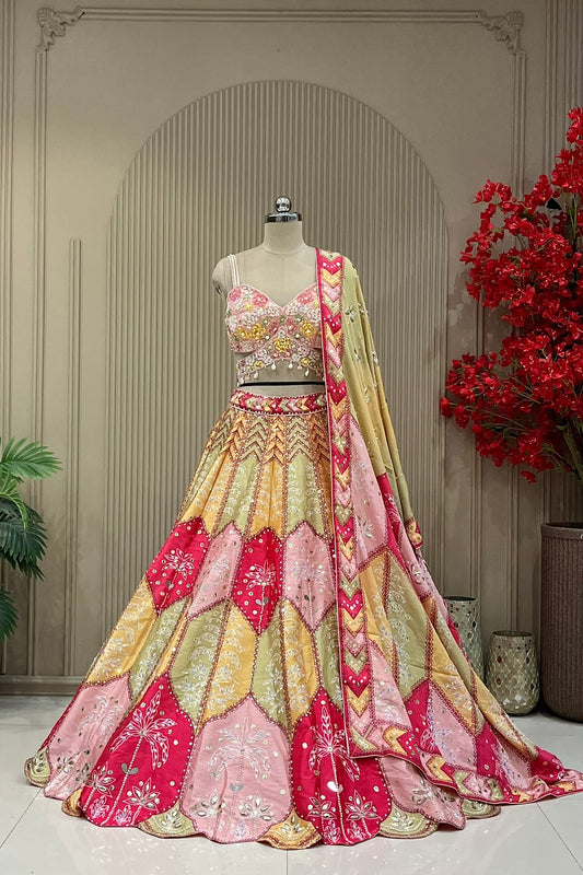 Pink and sage scallop panel lehenga with hand-embroidered blouse, full front view with sage net dupatta