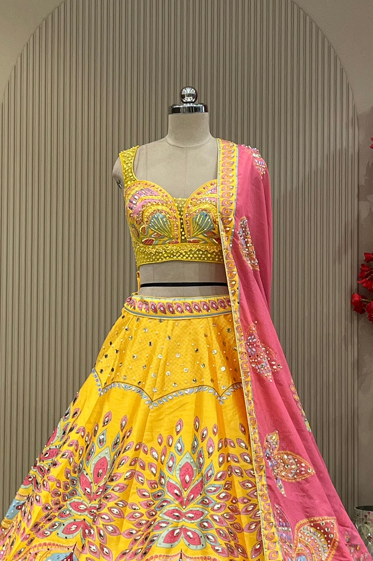 Front view of hand-worked blouse with pink dupatta