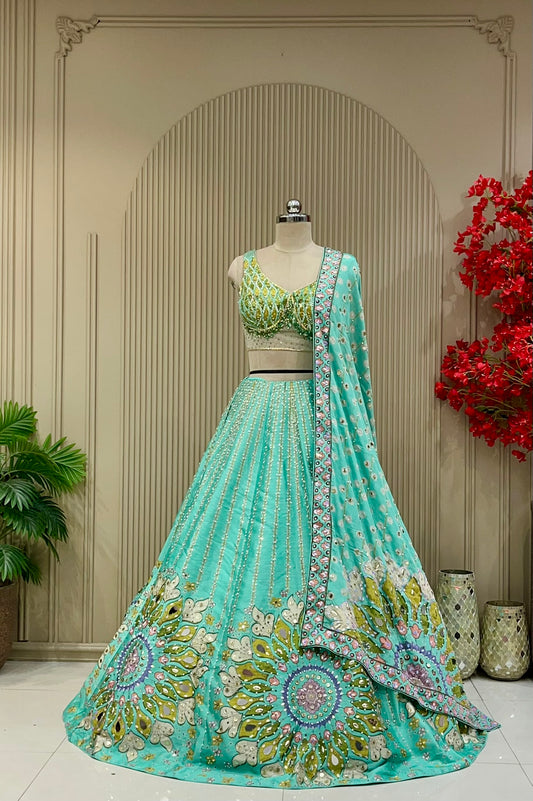 Aqua mirror-work lehenga with designer hand-work blouse, full front view on mannequin with printed dupatta