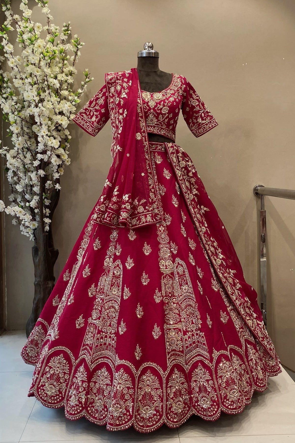 coral pink zardoshi work bridal lehenga in semi stitched design with organza dupatta