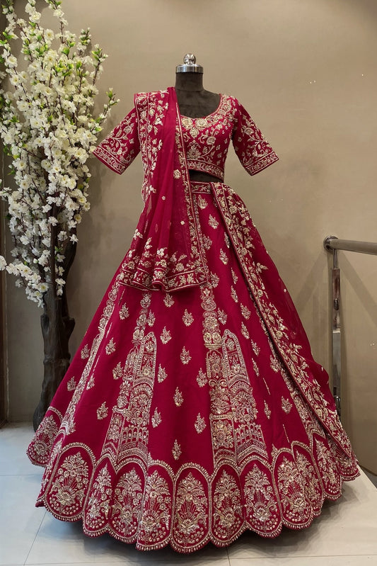 coral pink zardoshi work bridal lehenga in semi stitched design with organza dupatta