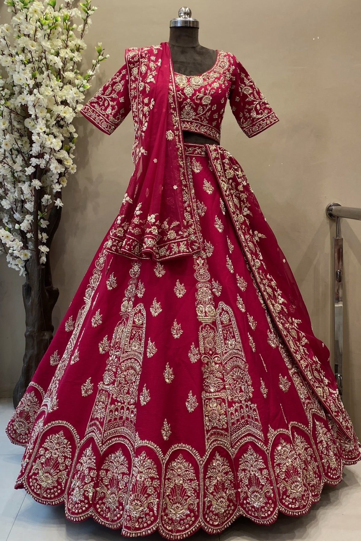coral pink zardoshi work bridal lehenga in semi stitched design with organza dupatta