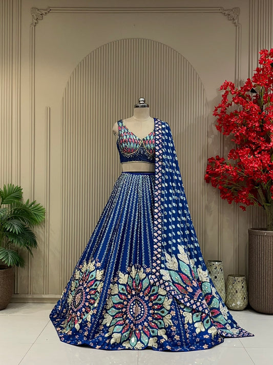 Royal blue statement sangeet lehenga with sequin stripe skirt, full front view with matching dupatta