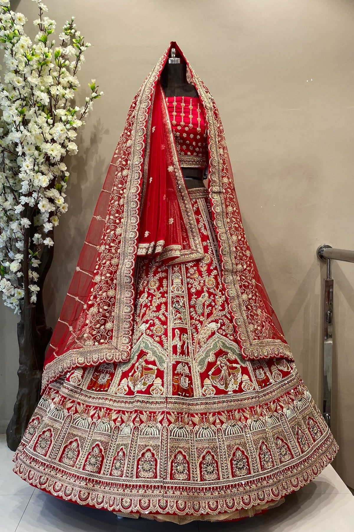 Red Bridal Lehenga with Embroidery & Poath Moti Work - Double Dupatta Set | Traditional Wedding
