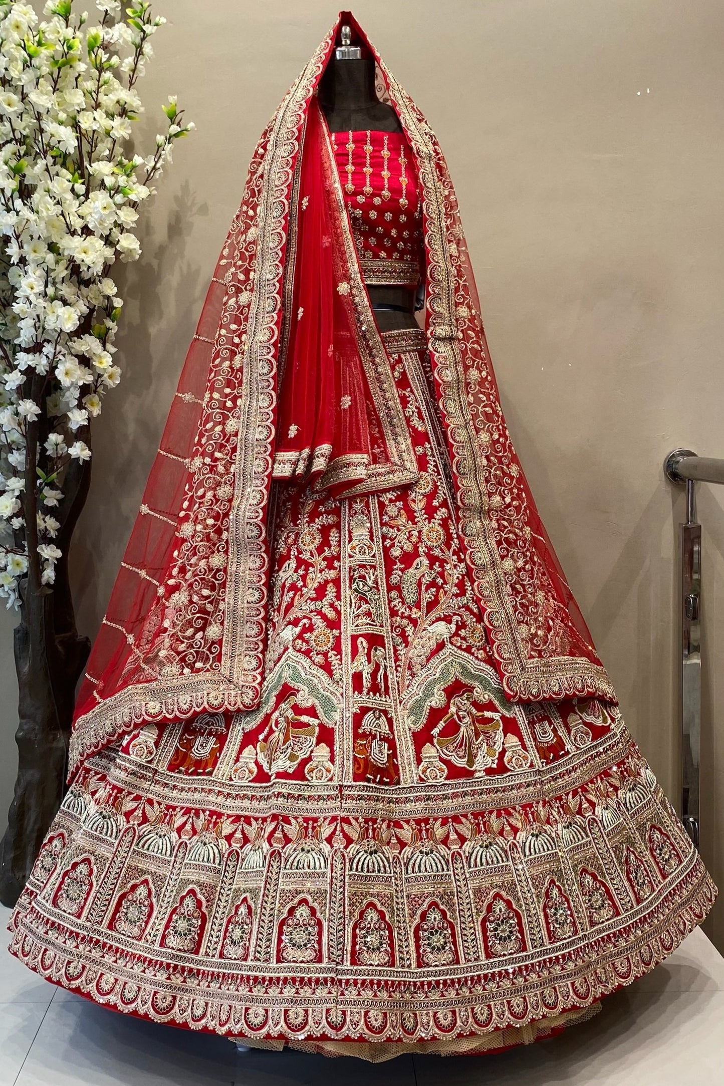 Red Bridal Lehenga with Embroidery & Poath Moti Work - Double Dupatta Set | Traditional Wedding