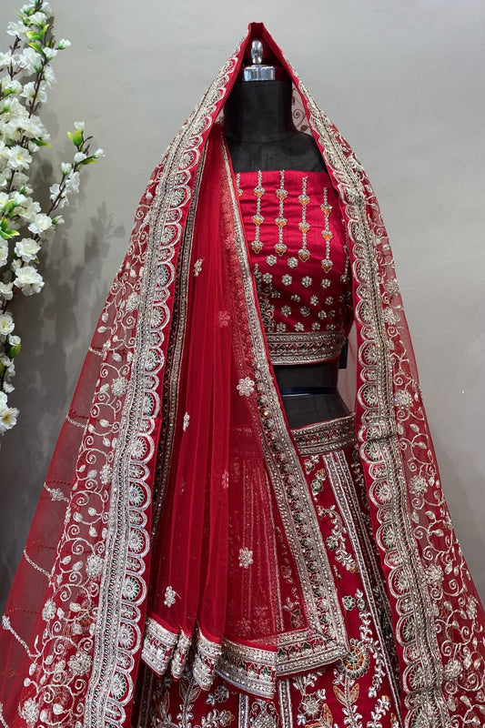 Red Bridal Lehenga with Embroidery & Poath Moti Work - Double Dupatta Set | Traditional Wedding