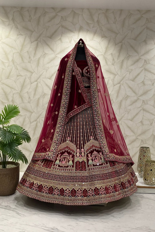 Maroon bridal lehenga with Doli motif and double dupatta