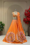 Sunset orange statement sangeet lehenga, full front view with matching dupatta