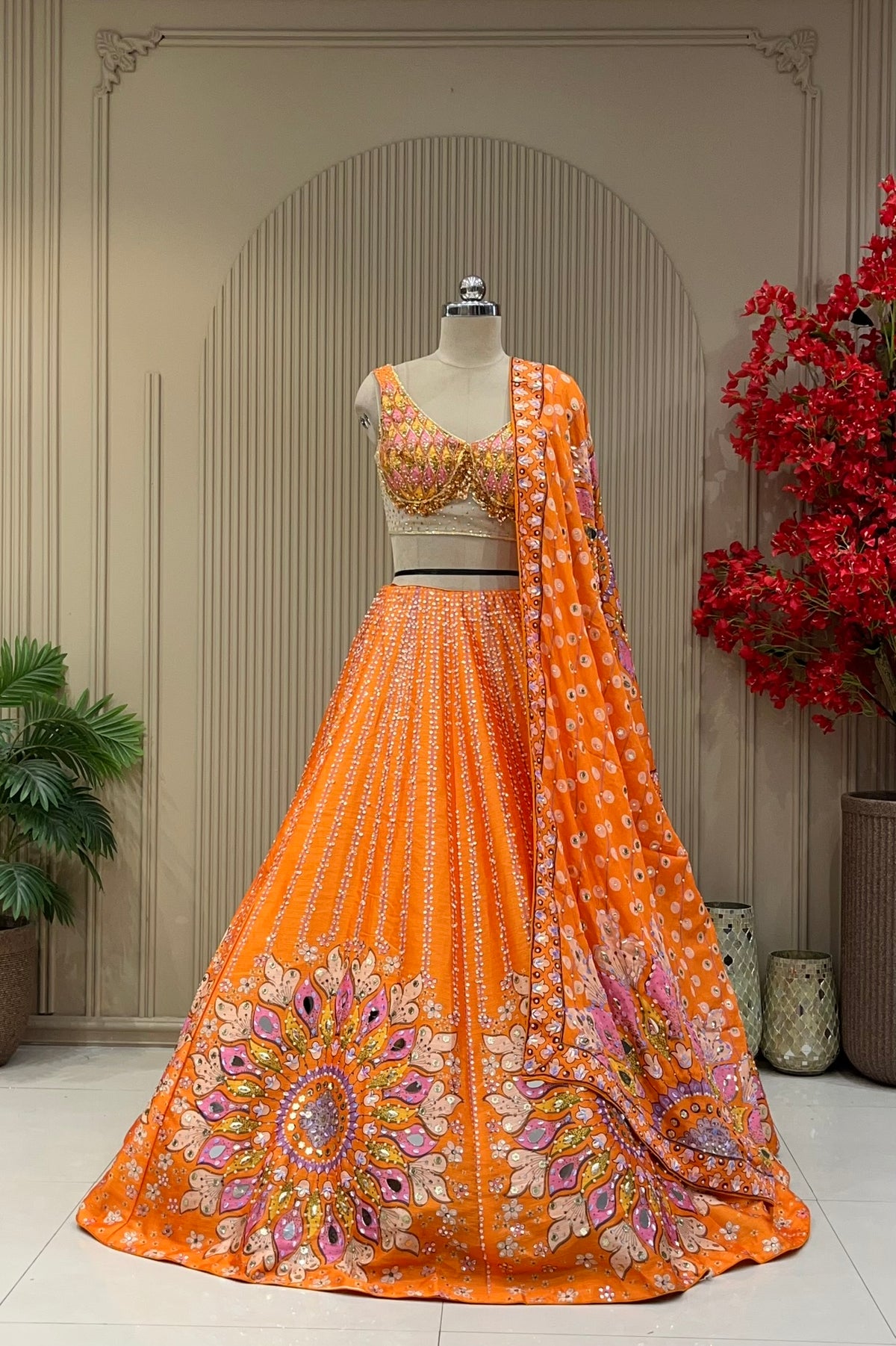 Sunset orange statement sangeet lehenga, full front view with matching dupatta