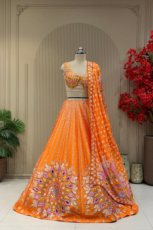 Sunset orange statement sangeet lehenga, full front view with matching dupatta