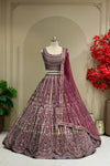 Wine printed lehenga with floral panel design, full front view on mannequin with net dupatta