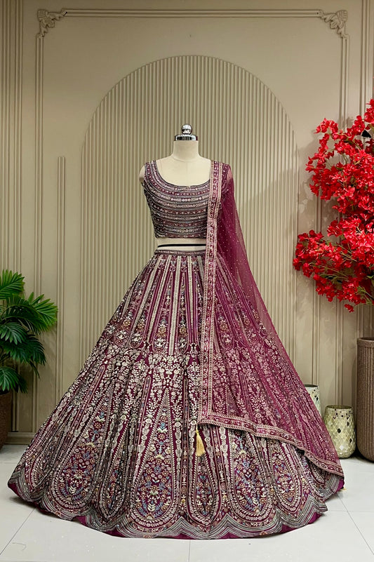 Wine printed lehenga with floral panel design, full front view on mannequin with net dupatta