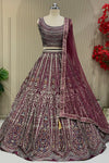 Wine printed lehenga set showing floral panel print across the skirt