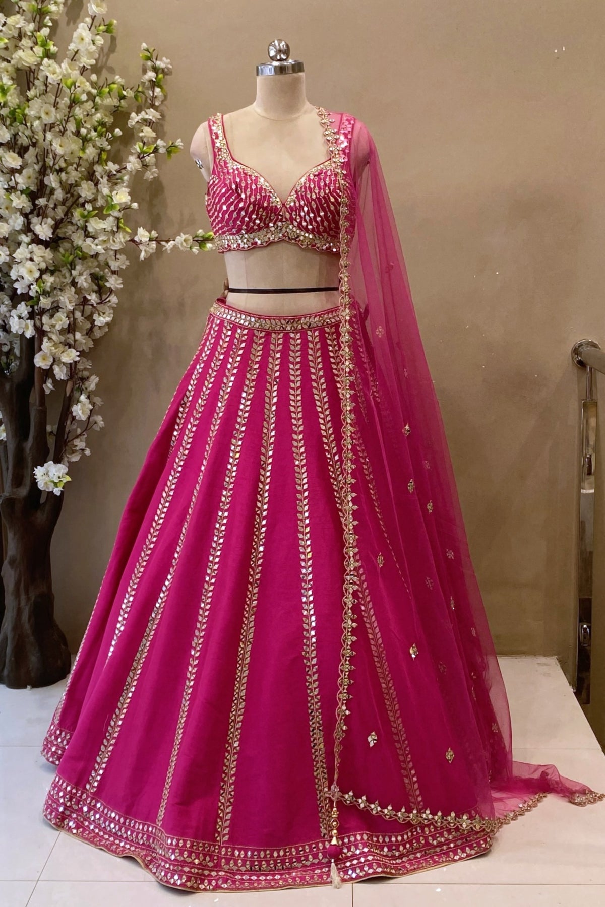 Vibrant Rani Pink Mirror Lehenga | Designer Sangeet & Mehendi Outfit