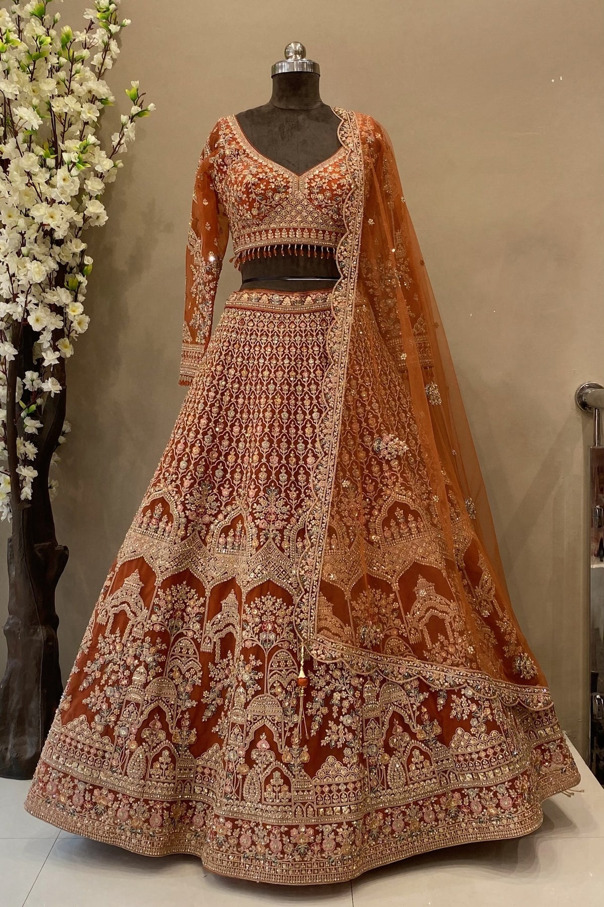Rust Color Sangeet Lehenga with Traditional Embellishments | Festive Wedding Wear