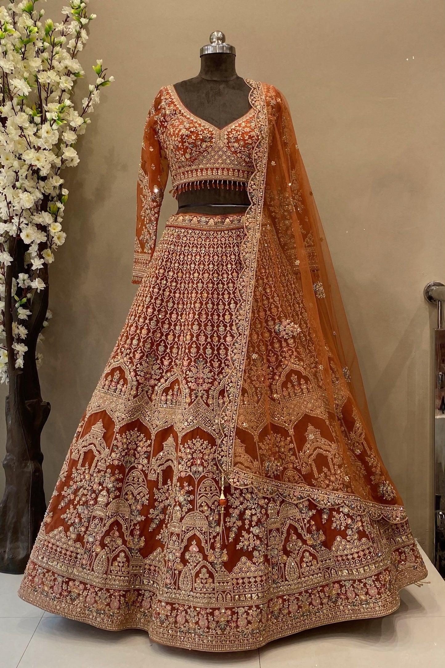 Rust Color Sangeet Lehenga with Traditional Embellishments | Festive Wedding Wear