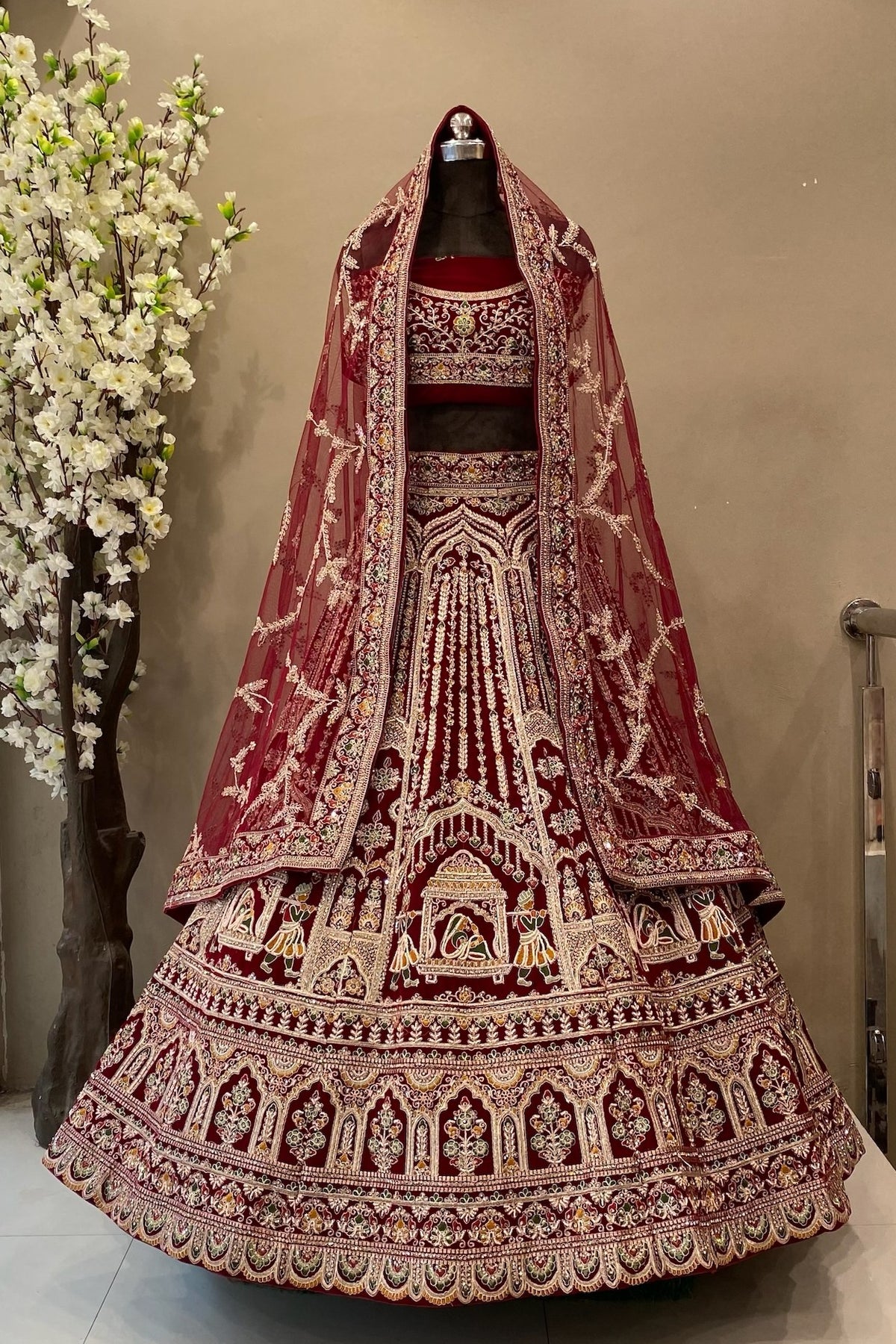 Maroon Velvet Bridal Lehenga with Intricate Jaal Dupatta | Luxury Winter Wedding