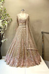 Full-length view of a luxury champagne pink heavy beads work bridal lehenga with a zig-zag pattern and long-sleeve blouse at Urban Dulhaniya.
