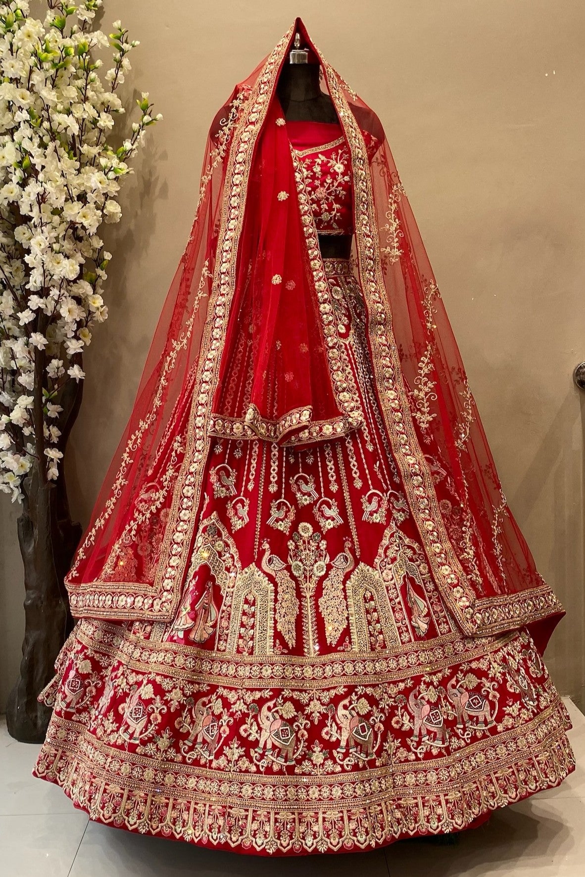 Red Silk Bridal Lehenga with Embroidery & Beads Work - Double Dupatta | Premium Wedding