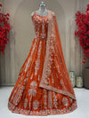 Full front view rust raw silk lehenga with beat work designer bridal wear at Urban Dulhaniya Pune