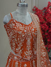 Angle close-up view rust raw silk bustier top with moti work bridal & occasion saree from Urban Dulhaniya Pune