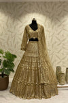 Front view of the Golden Dream designer lehenga featuring complete heavy fabrication work by Urban Dulhaniya
Close-up detail of premium heavy fabrication and embellishments on a luxurious gold evening lehenga.