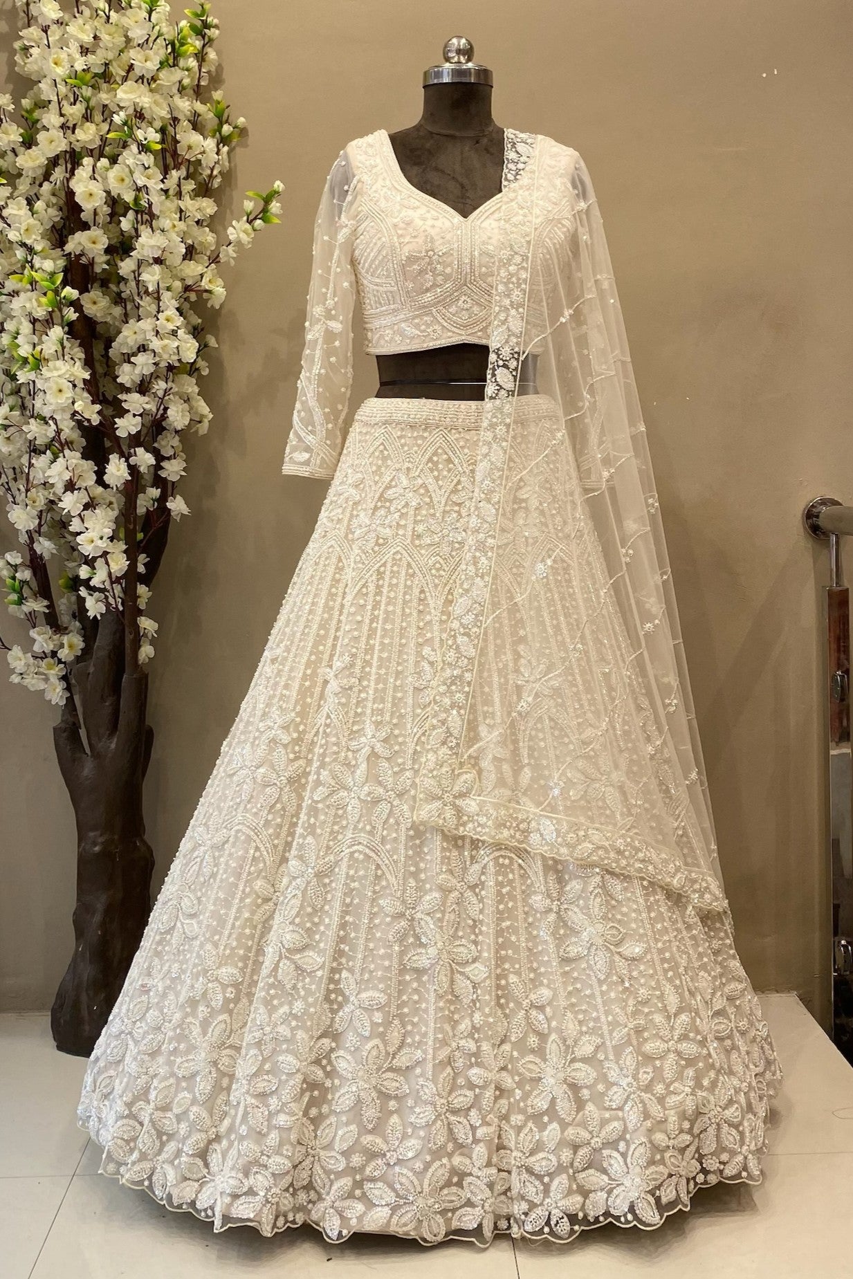 Off White Lehenga with Premium Beads & Sequin Work | Elegant Minimalist Bridal