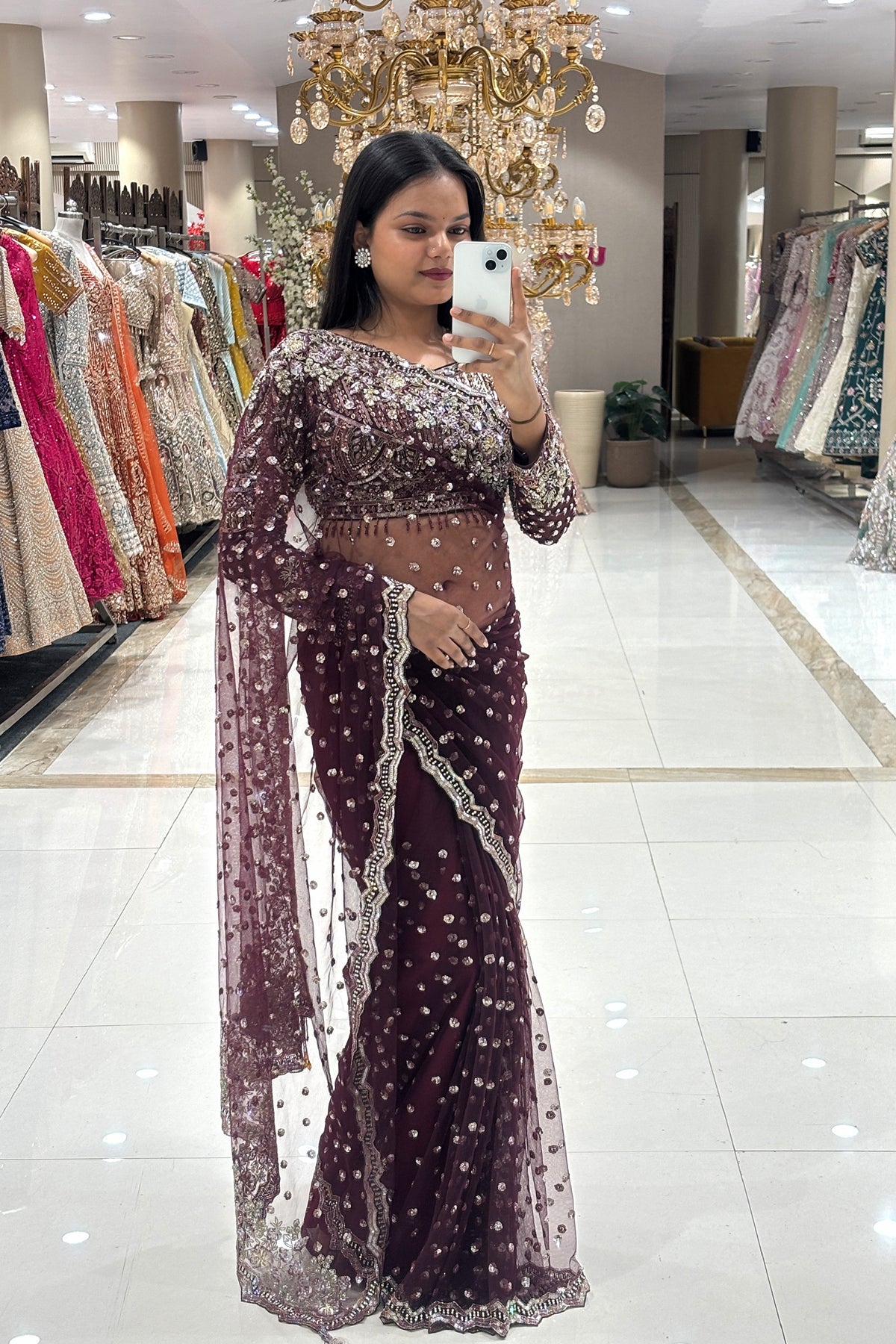 Pure Handwork Deep Wine Crystal Embroidered Sheer Net Saree